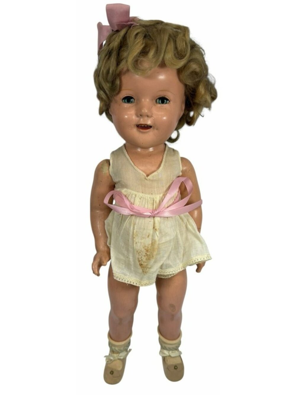 Vintage 1930s Ideal Shirley Temple 20" Composition Doll Wig Teeth Compo Romper